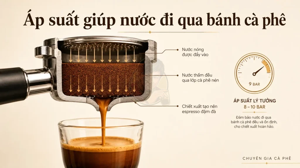 Áp suất espresso giúp nước nóng đi qua bánh cà phê để chiết xuất hương vị.
