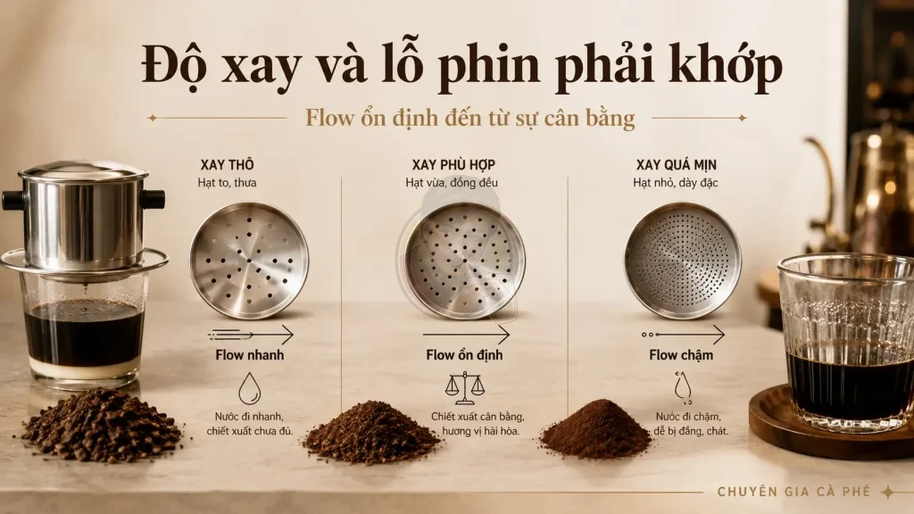 Độ xay cà phê và lỗ phin ảnh hưởng đến flow control khi pha phin.