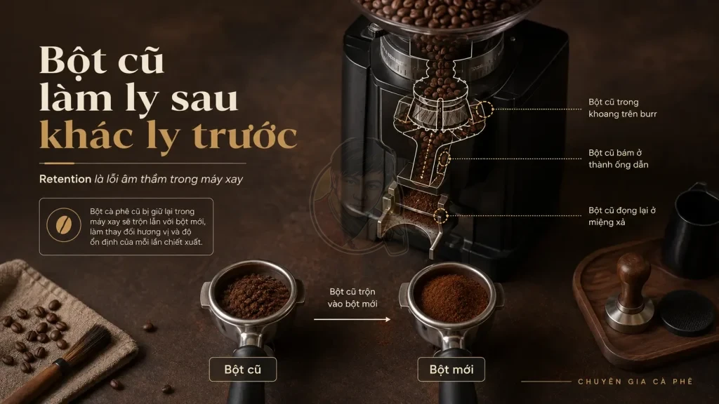 Retention máy xay cà phê là bột cũ còn lại trong máy làm hương vị espresso thay đổi.