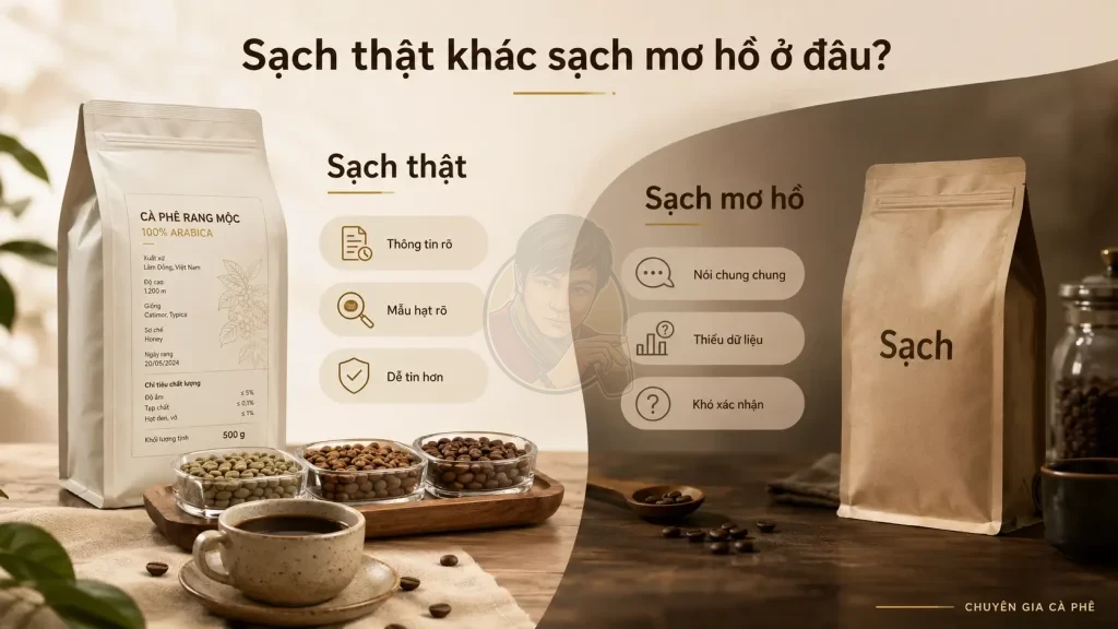 So sánh cà phê sạch thật và sạch mơ hồ qua thông tin sản phẩm, thành phần minh bạch và khả năng kiểm chứng.
