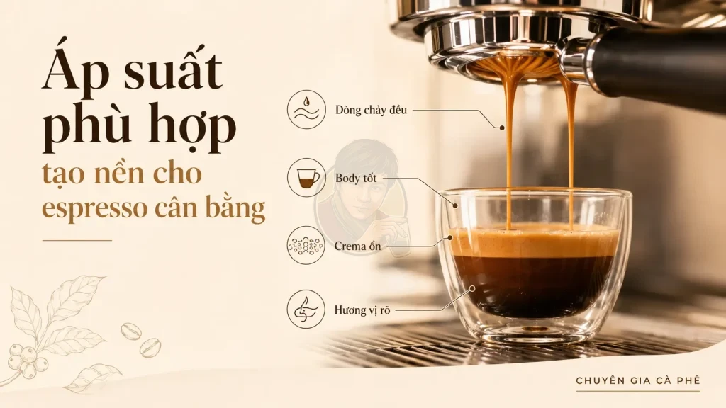 Áp suất phù hợp giúp espresso có dòng chảy ổn định, body tốt và crema đẹp.