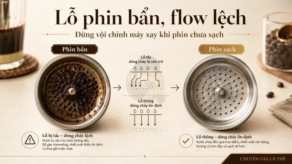 Lỗ phin bị bẩn làm flow lệch và ảnh hưởng chiết xuất cà phê phin.