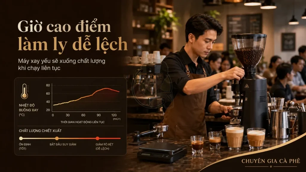 Máy xay cà phê chạy liên tục trong giờ cao điểm có thể làm chất lượng espresso không ổn định.