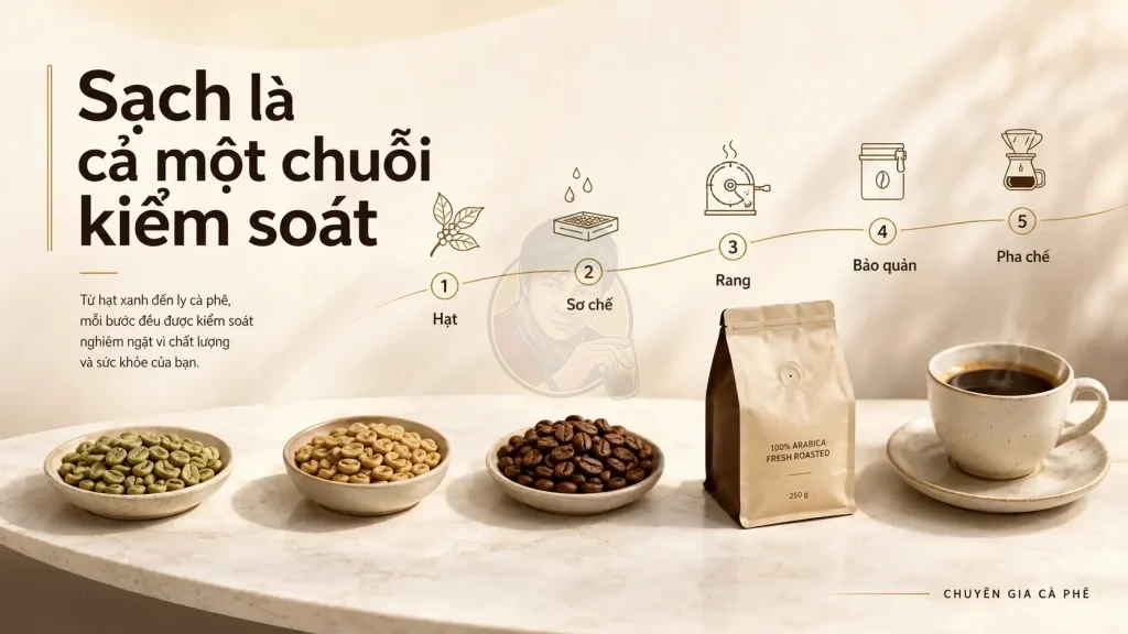 Cà phê sạch cần được kiểm soát từ hạt, sơ chế, rang, bảo quản đến pha chế.
