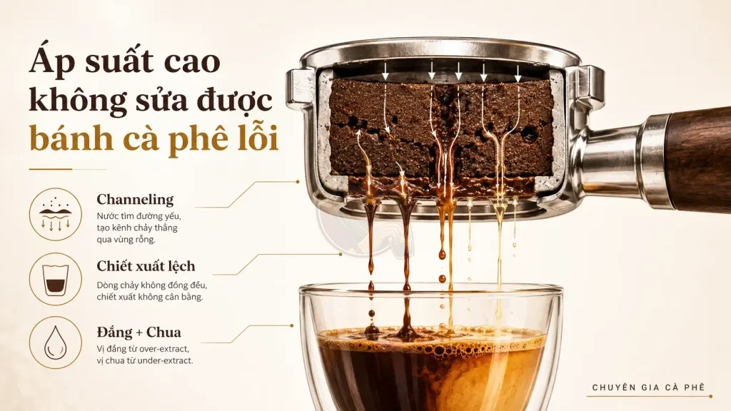 Channeling trong espresso xảy ra khi nước đi lệch qua bánh cà phê dưới áp suất cao.