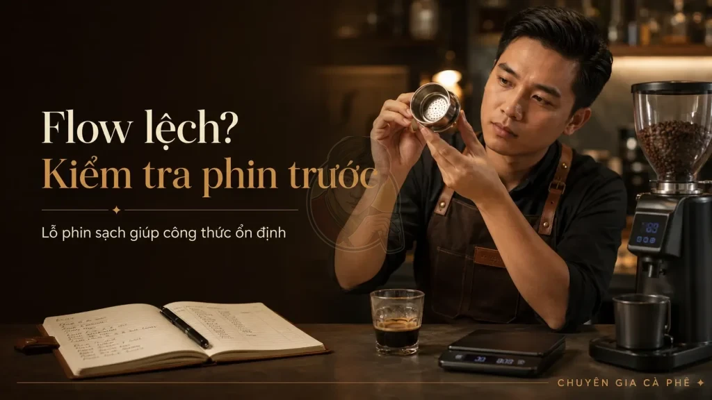 Barista kiểm tra lỗ phin để kiểm soát flow cà phê phin trong quán.