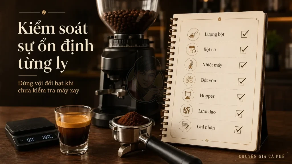 Checklist kiểm tra máy xay cà phê khi cùng một loại hạt nhưng ly espresso không ổn định.