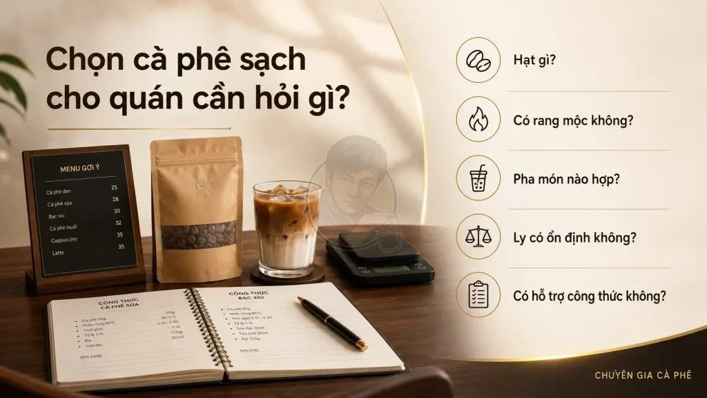 Checklist chọn cà phê sạch cho quán gồm nguồn hạt, rang mộc, món pha phù hợp, độ ổn định và hỗ trợ công thức.