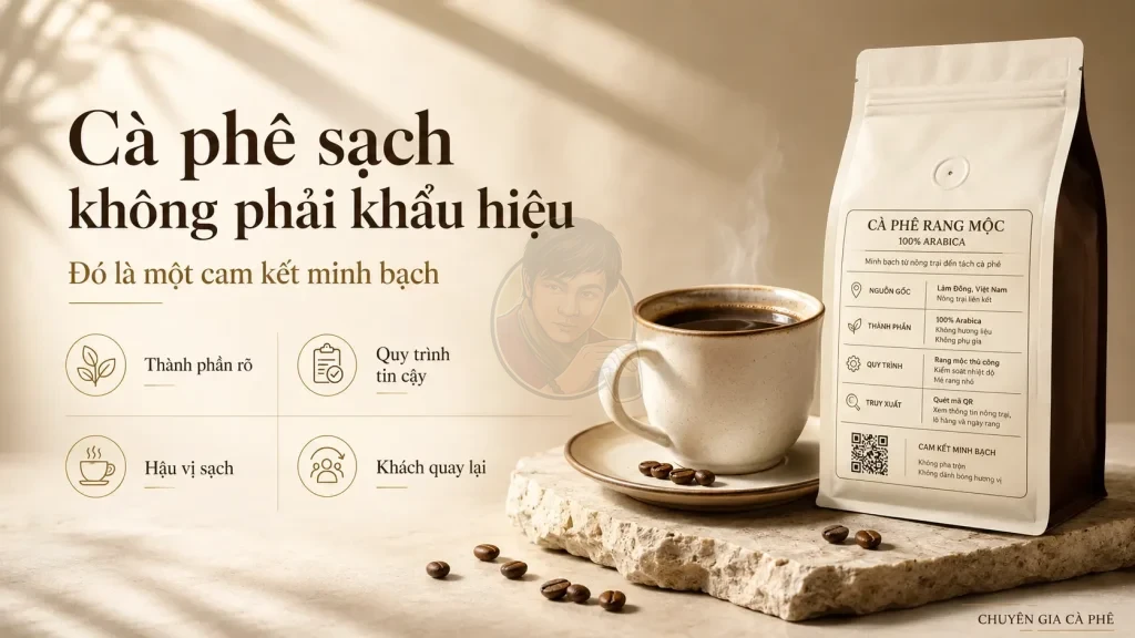 Cà phê sạch là cam kết minh bạch về thành phần, quy trình, hậu vị và niềm tin khách hàng.