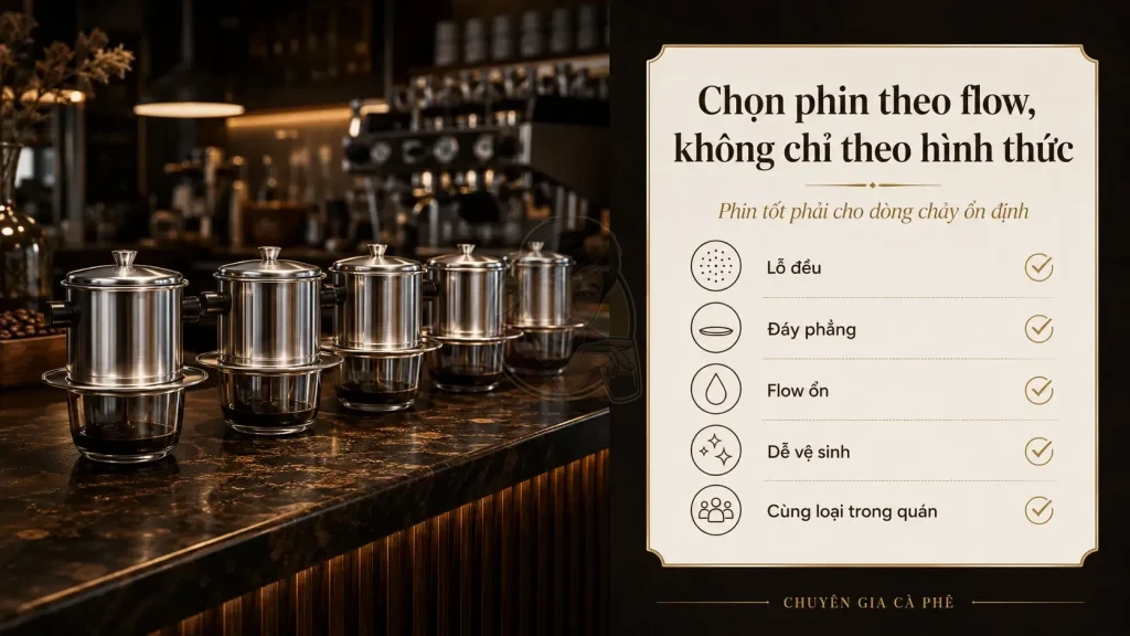 Checklist chọn phin cà phê có lỗ đều và flow ổn định cho quán cà phê.