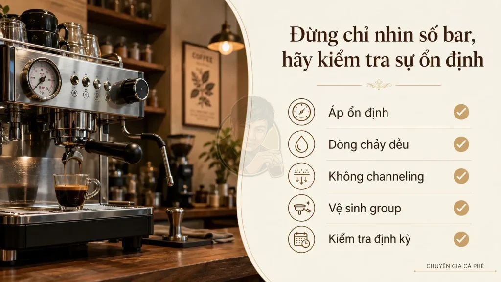 Checklist kiểm tra áp suất máy pha cà phê.