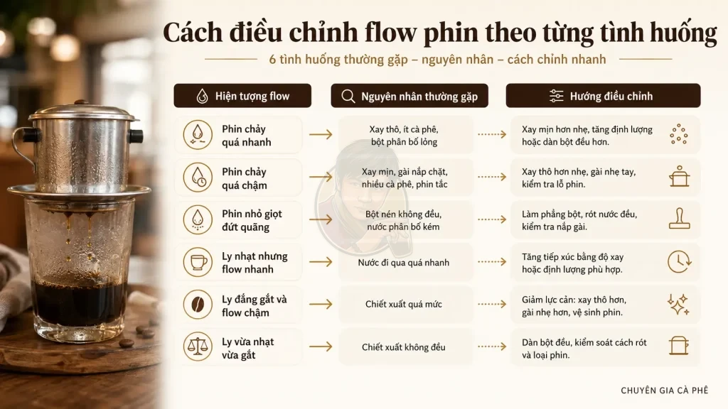 Cách điều chỉnh flow phin theo từng tình huống