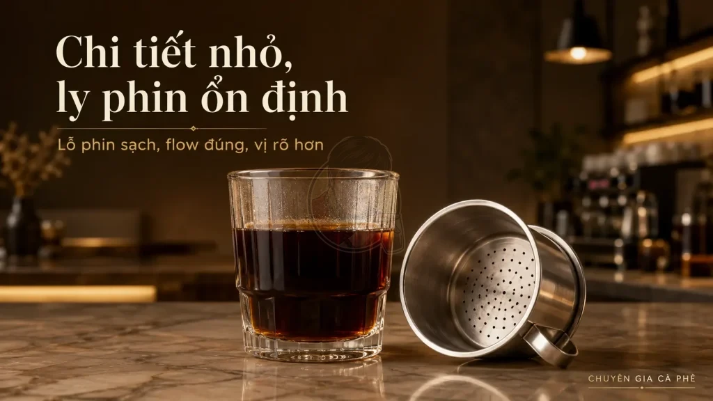 Lỗ phin sạch giúp flow ổn định và cải thiện chiết xuất cà phê phin.