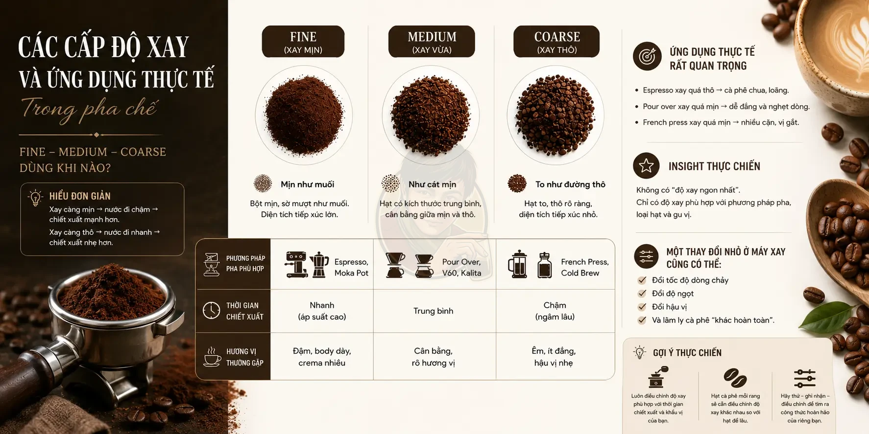 Các cấp độ xay cà phê: Fine, Medium, Coarse dùng khi nào?