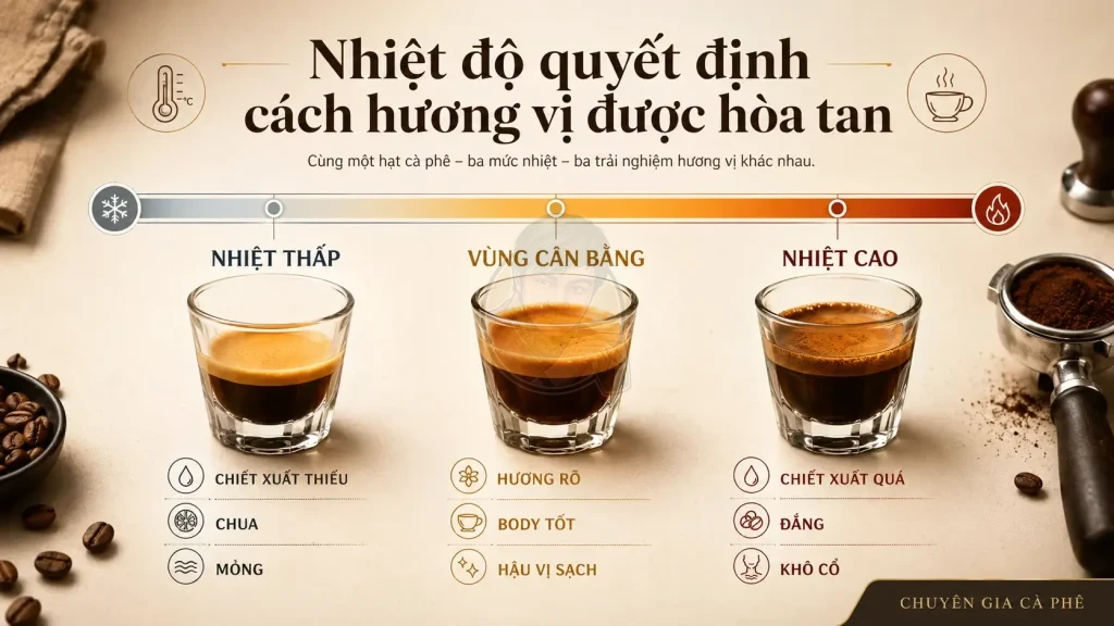 Dải nhiệt độ nước ảnh hưởng đến mức chiết xuất và hương vị cà phê espresso.