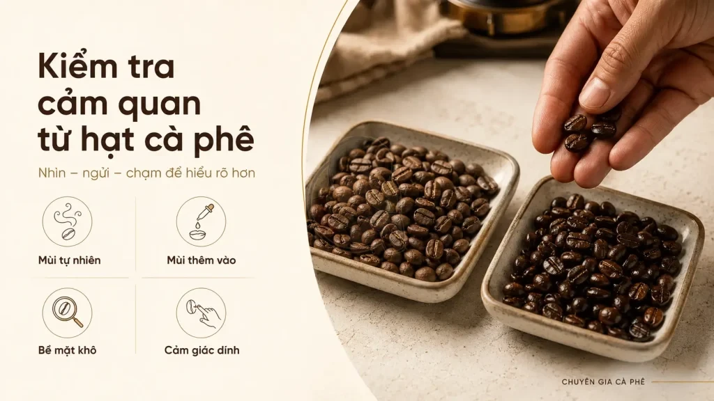 Nhận biết cà phê rang mộc và cà phê tẩm qua mùi hạt, bề mặt hạt và cảm giác khi cầm.