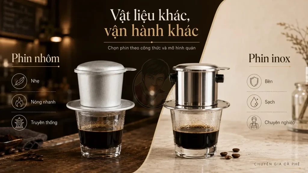Khác biệt vật liệu phin cà phê inox và nhôm trong vận hành quán.
