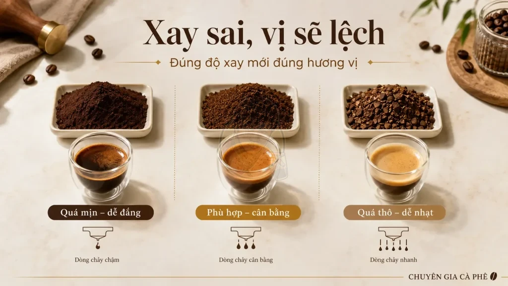 So sánh cà phê xay quá mịn phù hợp và quá thô ảnh hưởng đến hương vị trong ly.