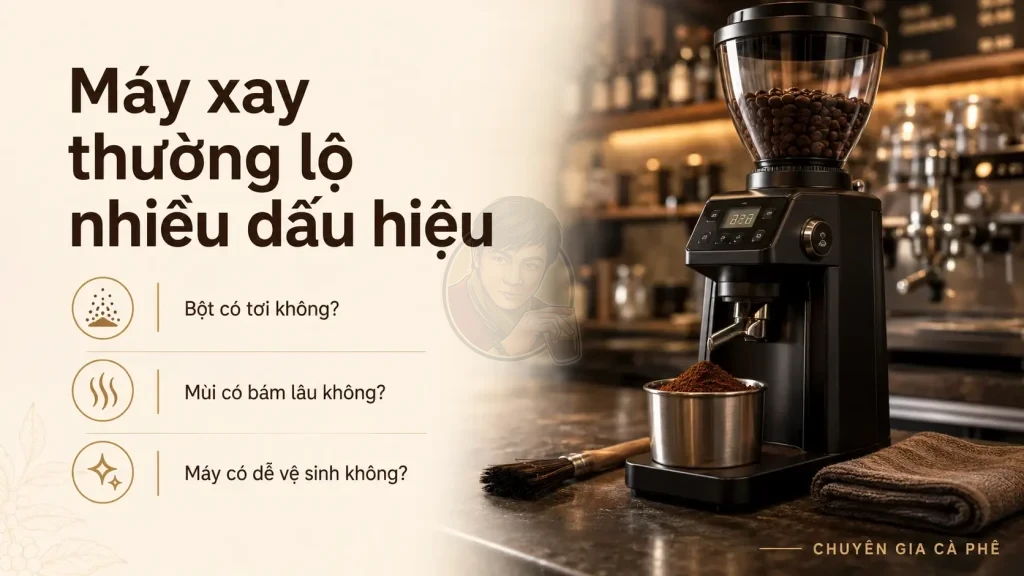 Nhận biết cà phê rang mộc và cà phê tẩm khi xay qua độ tơi của bột, mùi bám máy xay và vệ sinh máy.