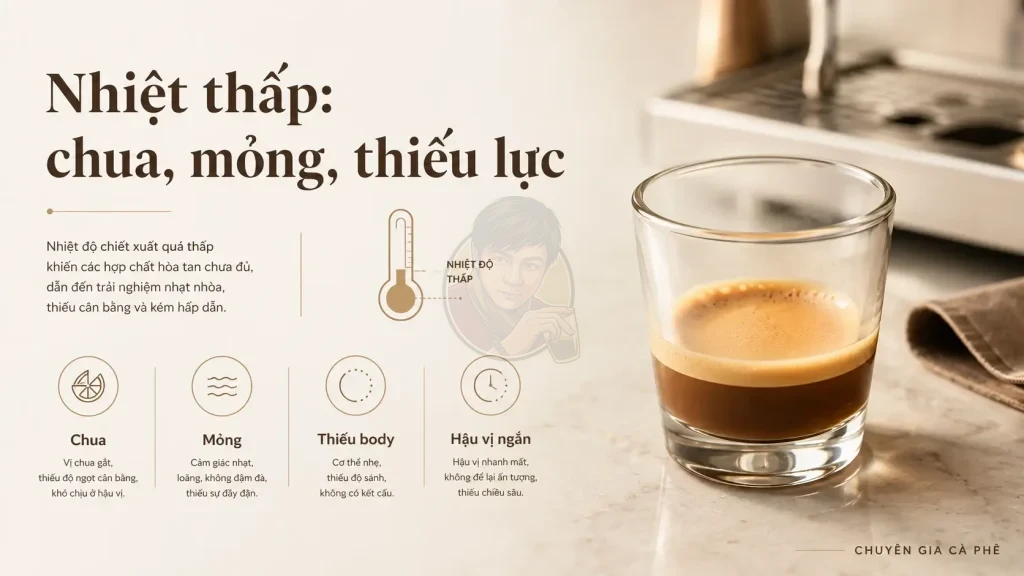 Nhiệt độ nước thấp có thể làm espresso chua, mỏng, thiếu body và hậu vị ngắn.