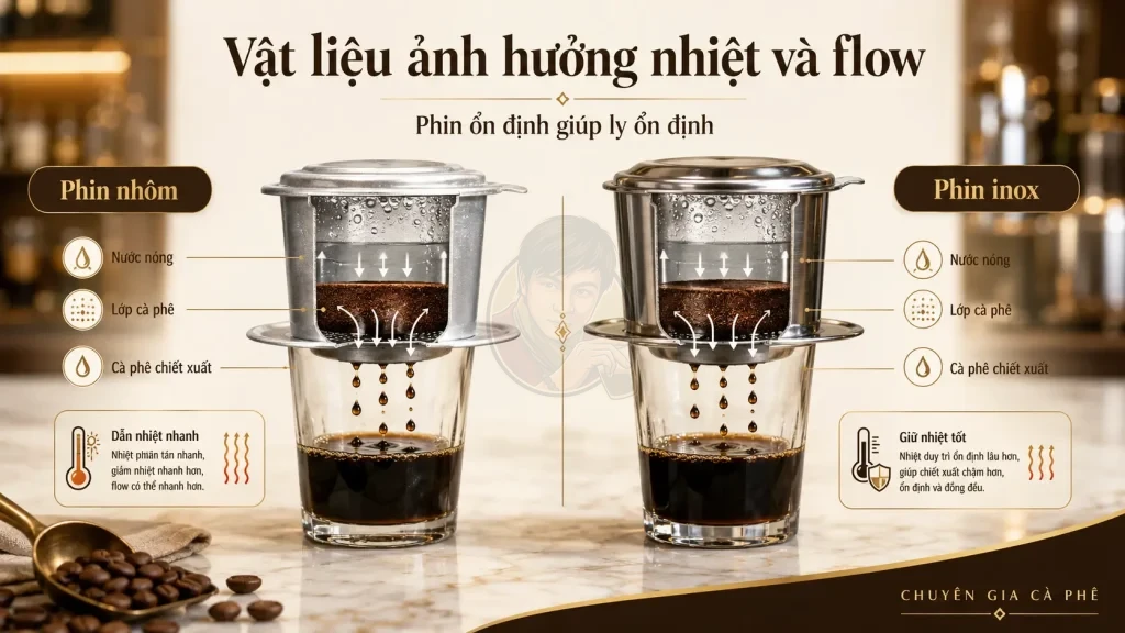 Vật liệu phin cà phê ảnh hưởng đến nhiệt độ và flow khi pha phin.