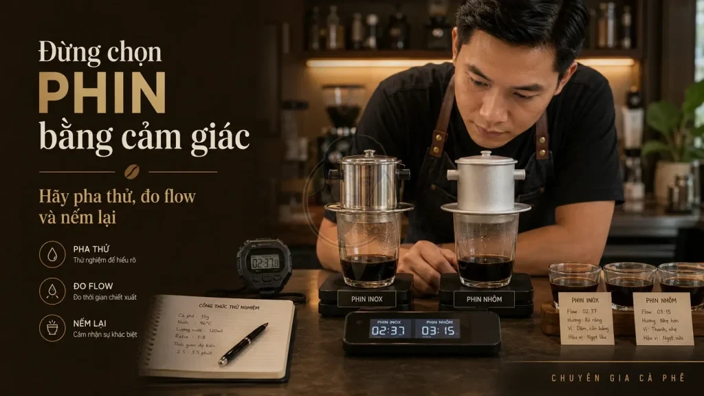Barista so sánh phin inox và phin nhôm bằng cách đo flow khi pha cà phê.