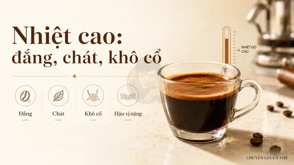 Nhiệt độ nước cao có thể làm espresso đắng, chát, khô cổ và hậu vị nặng.
