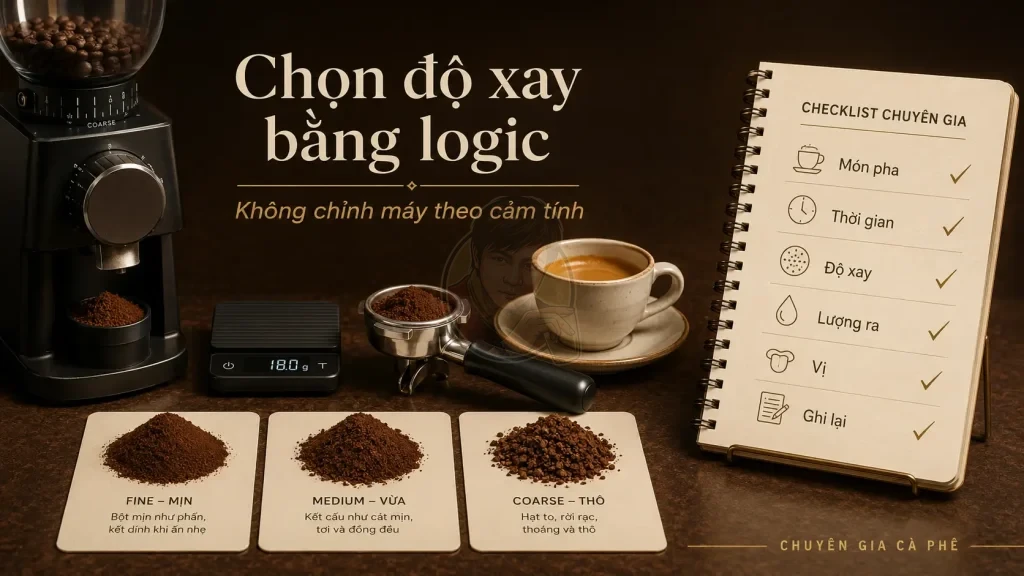 Checklist chọn độ xay cà phê theo phương pháp pha thời gian chiết xuất và hương vị trong ly.