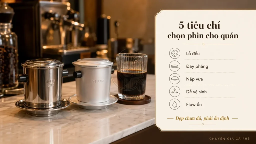 Checklist chọn phin inox hoặc phin nhôm phù hợp cho quán cà phê.