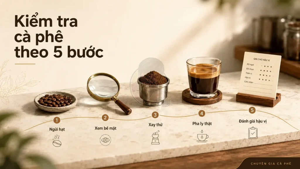 Quy trình kiểm tra cà phê rang mộc và cà phê tẩm qua ngửi hạt, xem bề mặt, xay thử, pha ly thật và đánh giá hậu vị.