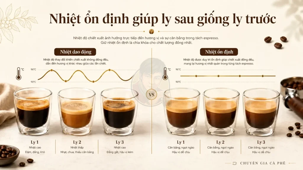 Độ ổn định nhiệt của máy pha giúp espresso giữ hương vị đồng đều giữa nhiều lần chiết xuất.