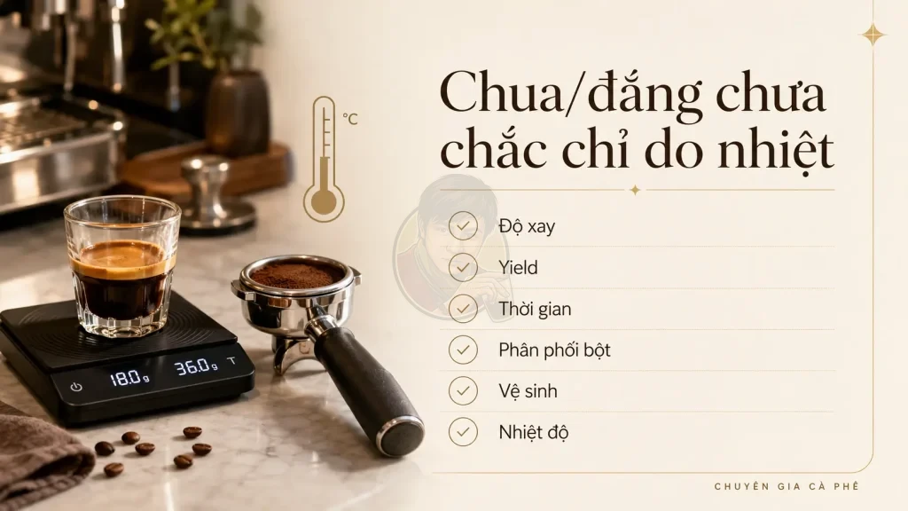 Checklist kiểm tra nguyên nhân espresso bị chua hoặc đắng.