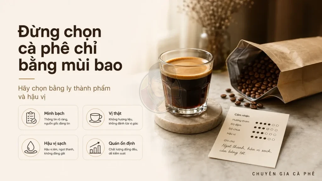 Chọn cà phê rang mộc bằng ly thành phẩm, hậu vị và sự minh bạch thay vì chỉ dựa vào mùi khi mở bao.