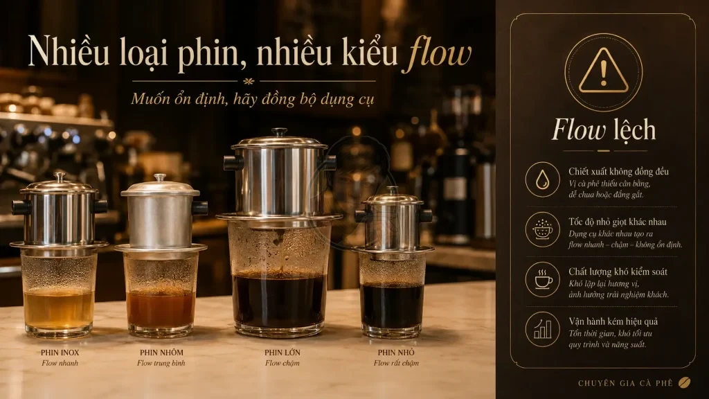 Dùng nhiều loại phin cà phê khác nhau làm flow lệch và chất lượng không ổn định.