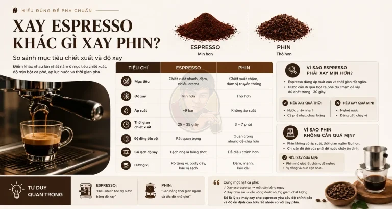 Xay espresso khác gì xay phin? So sánh độ xay và mục tiêu chiết xuất.