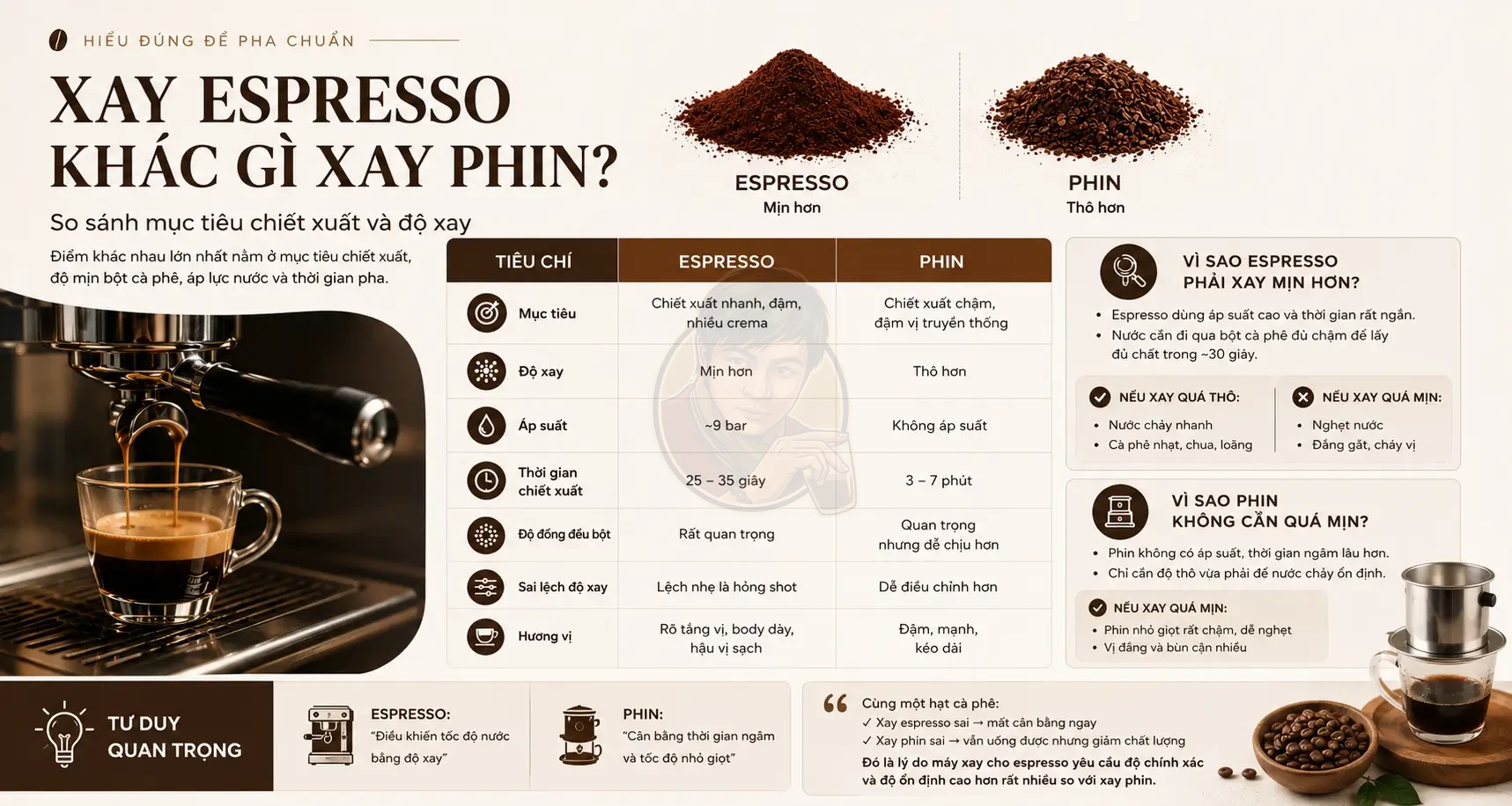 Xay espresso khác gì xay phin? So sánh độ xay và mục tiêu chiết xuất.