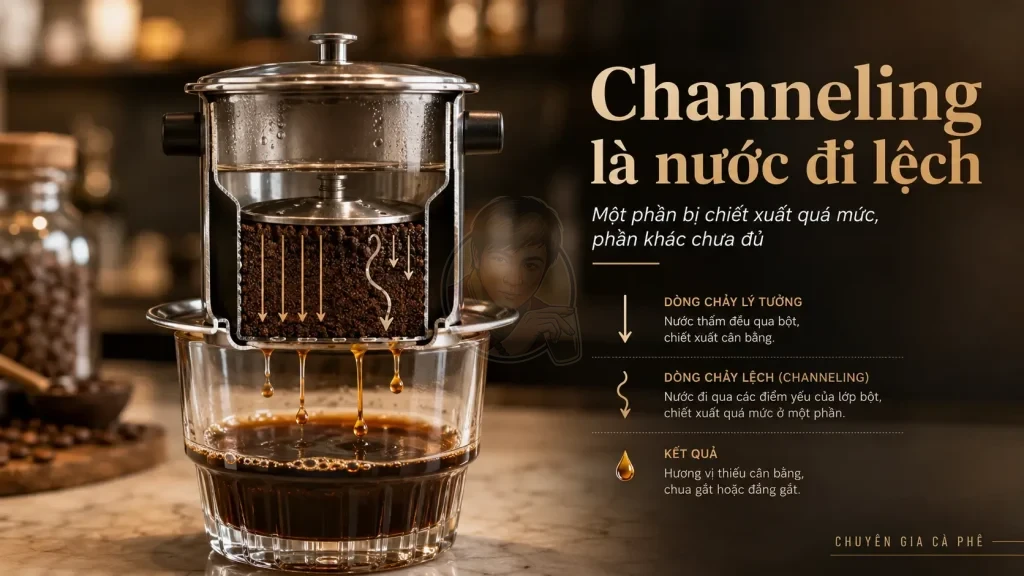 Channeling trong pha phin là hiện tượng nước đi lệch qua lớp bột cà phê.