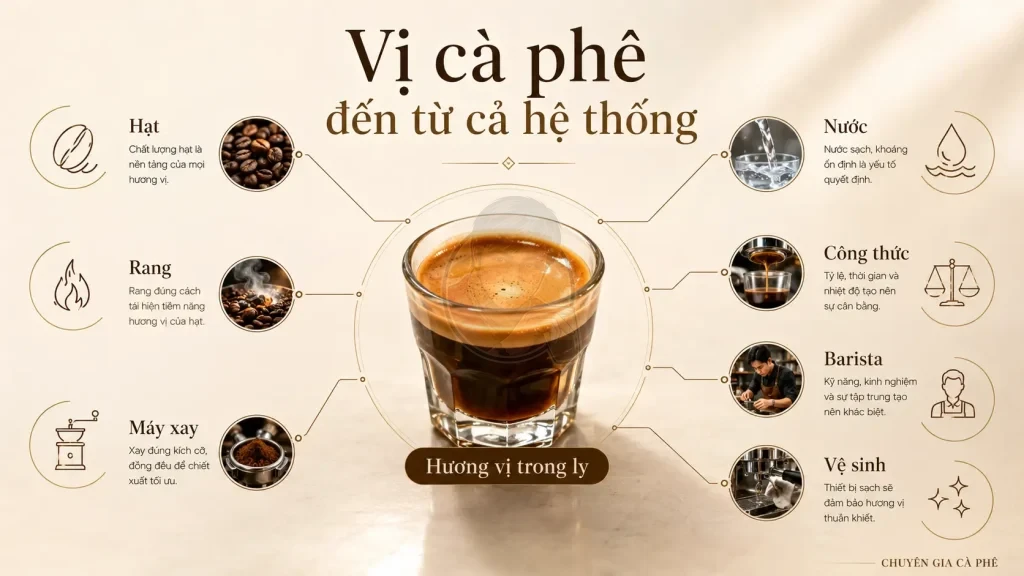 Các yếu tố ngoài máy pha ảnh hưởng đến vị cà phê.