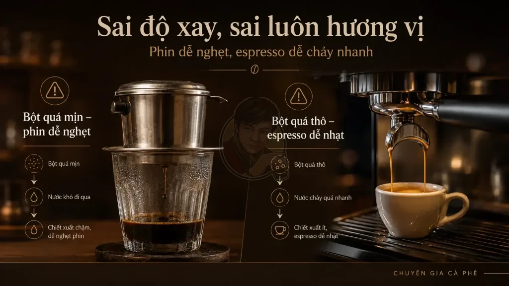 Dùng sai độ xay khiến phin bị nghẹt và espresso chảy nhanh làm hương vị cà phê mất cân bằng.