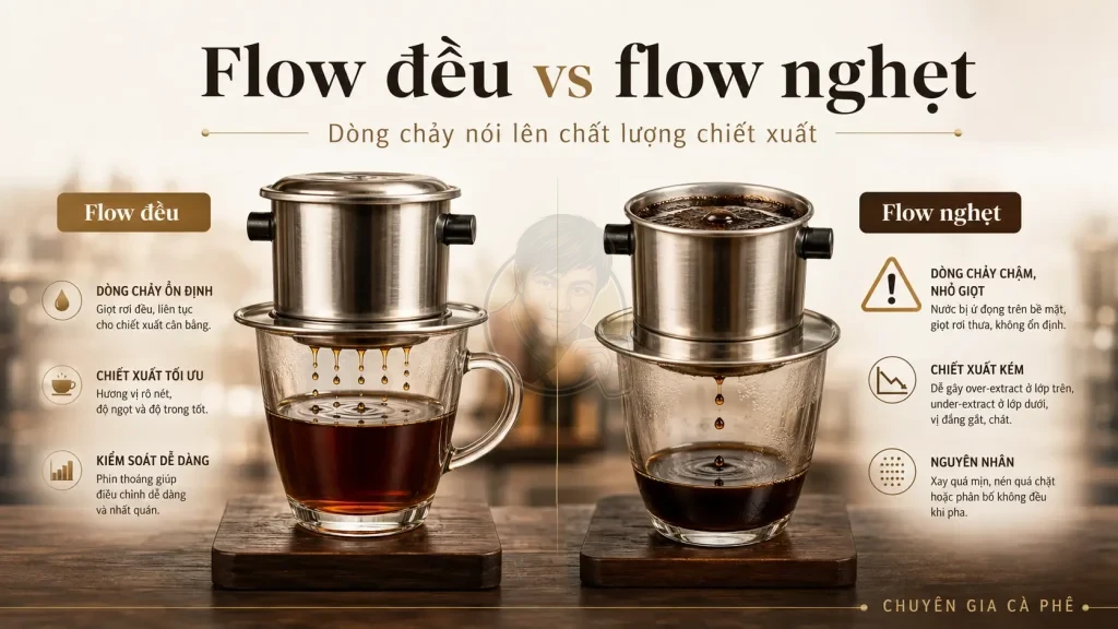 So sánh phin cà phê chảy đều và phin bị nghẹt nước khi pha.