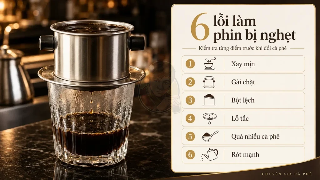 Checklist nguyên nhân làm phin bị nghẹt nước khi pha cà phê phin.