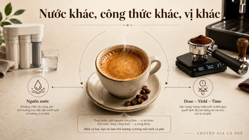 Nguồn nước và công thức espresso ảnh hưởng đến hương vị cà phê trong quán.