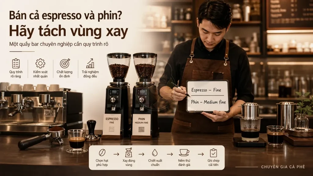 Quán cà phê bán cả espresso và phin cần tách độ xay để kiểm soát chất lượng ổn định.