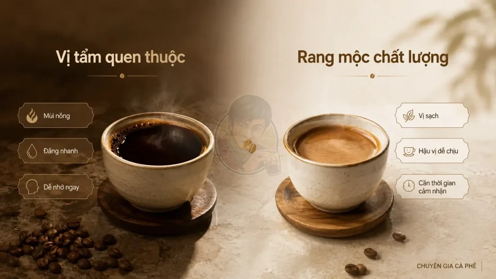 So sánh cảm giác quen vị cà phê tẩm và quá trình làm quen với cà phê rang mộc chất lượng.