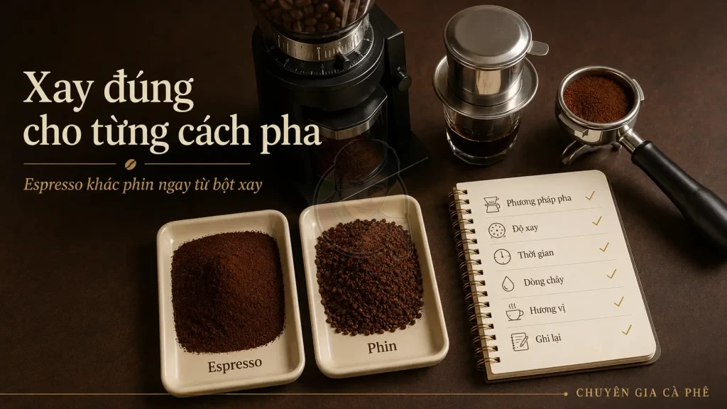 Checklist kiểm tra độ xay espresso và độ xay pha phin cho quán cà phê.