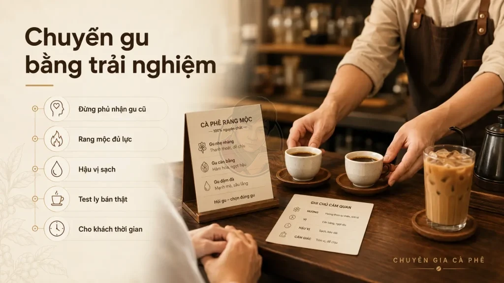 Chủ quán nên giúp khách chuyển từ cà phê tẩm sang cà phê rang mộc bằng trải nghiệm, hậu vị sạch và ly bán thật.