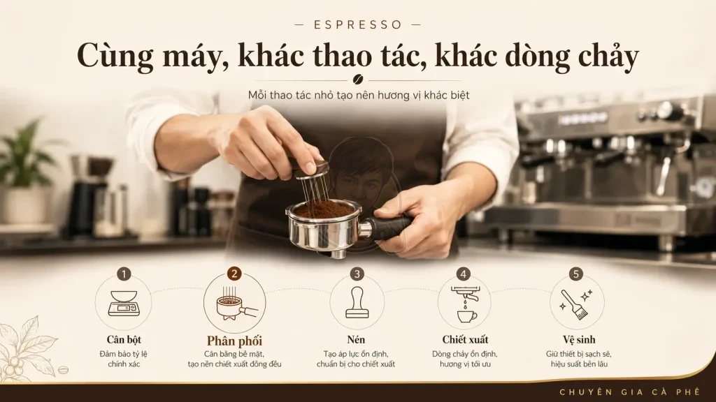 Thao tác barista ảnh hưởng đến dòng chảy espresso và hương vị cà phê.