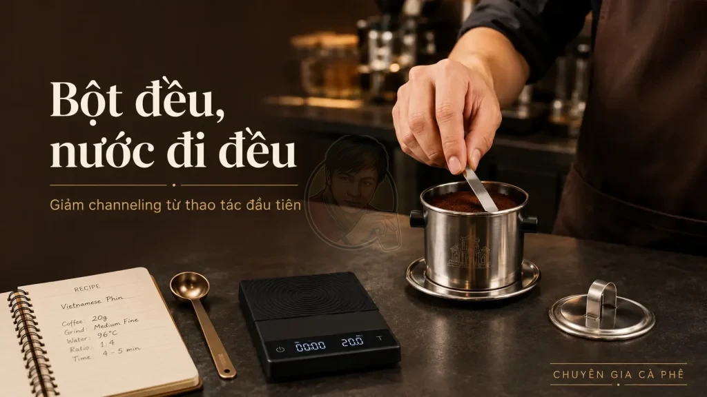 Dàn đều bột cà phê trong phin giúp giảm channeling và nghẹt nước.