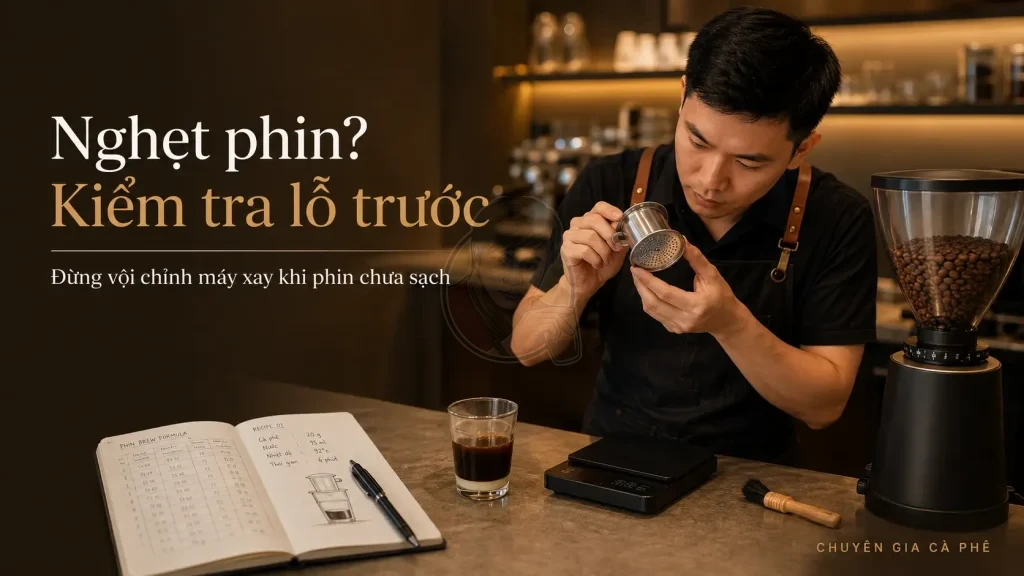 Barista kiểm tra lỗ phin để xử lý phin bị nghẹt nước khi pha cà phê.