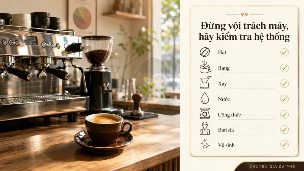Checklist kiểm tra hạt, rang, xay, nước, công thức, barista và vệ sinh khi cùng máy pha nhưng vị cà phê khác nhau.